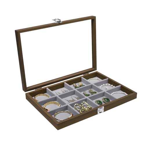 Stratalife Bracelet Organizer Wood Jewelry Box Vintage Jewelry Organizer Bangle Storage Tray with Clear Lid for Drawers Women 12 Grid - color: Grey, size: 12