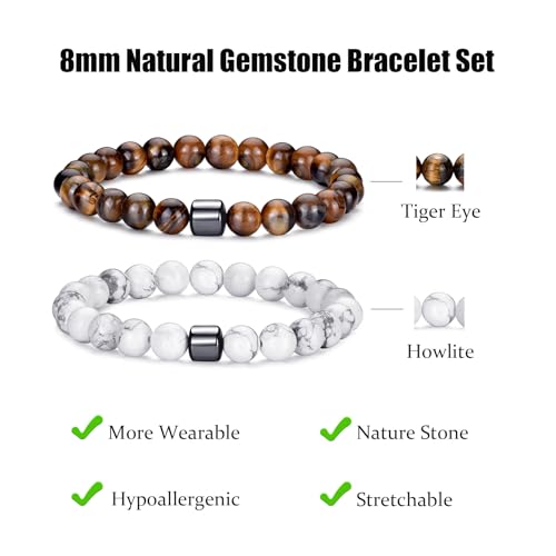 RANKEEF Tiger Eye Bracelet For Men 8MM Natural Stone Stretch Adjustable Black Crystal Beaded Bracelet for Men Women Gifts - color: 2,tiger eye,white bracelet