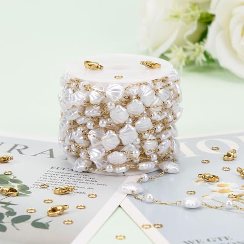 KYUNHOO 16.4FT/5M Artificial Shell Pearl Chain Roll Stainless Steel Paperclip Links Gold Plated Chains for Jewelry Making with Jewelry Connectors - color: Shell Gold