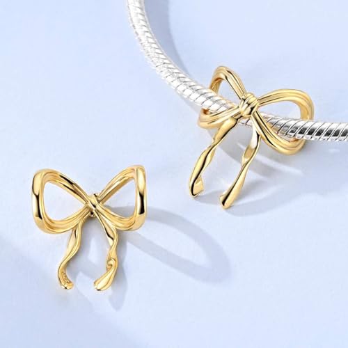 LAZA 925 Sterling Silver Charm for Bracelet Necklace Dangle Love Mom Butterfly Party Charm Beads Pendants DIY Jewelry for Women - color: Bow Tie（Gold）