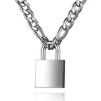 DIBOLA Padlock Necklace Stainless Steel Lock Chain for Men Women Silver 18-24 inch - color: Silver1