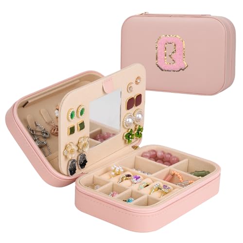 Travel Jewelry Case, Jewelry Box with Mirror, Jewelry Organizer Bridal Shower Gifts to Her, Earring Storage Travel Case, Trendy Gift for Women and Girls, Girlfriend-Letter Q, Pink - color: Q, size: Pink