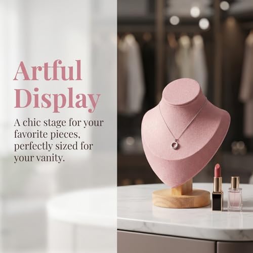 Pink Mannequin Bust Jewelry Organizer - Necklace Holder Stand with Wood Base for Home and Shop Display, 7.67 X 5.90 X 3.54 Inches