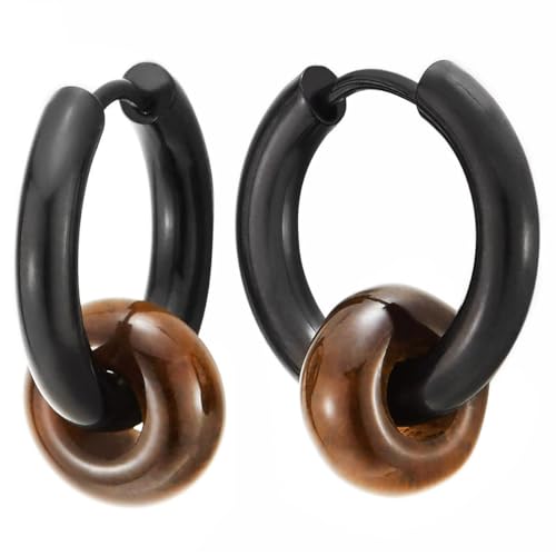 Stainless Steel Circle Beads Huggie Hinged Hoop Earrings for Men Women, 2pc - color: Black & Tiger Eye, size: Diameter:12MM