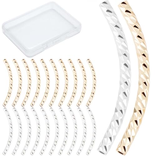 CREATCABIN 2 Colors 20 Pcs Curved Tube Beads 18K Gold Plated & Platinum Fish Scale Noodle Tube Bead Long Curved Brass Spacer Connector Bulk for Jewelry Making Charms Accessories 20mm - color: Gold & Silvery