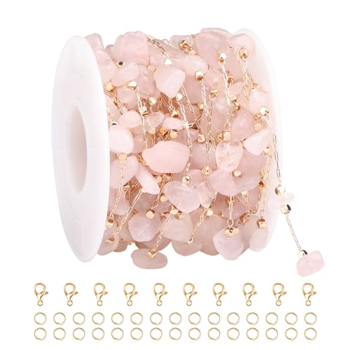 KYUNHOO 5 Meters Brass Jewelry Making Chains Light Pink Natural Gemstone Supplies Gold Plated Chain Bulk for DIY Jewelry Findings - color: Natural Stone-Light Pink