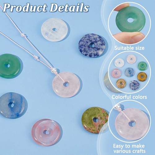 BENECREAT 8Pcs Donut Natural Stone Pendants Gemstone Donut Charms Flat Round Stone Beads Pendants (Hole: 6mm/0.2inches) for Jewelry Making DIY Necklace Accessory Gift Party