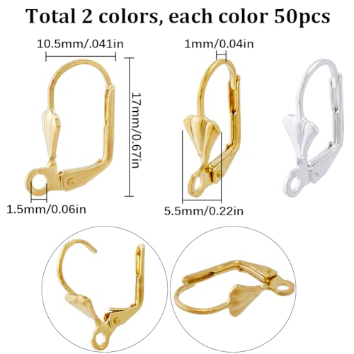 SUNNYCLUE 1 Box 100Pcs Leverback Earring Hooks French Earring Hook Lever Back Ear Findings Shell Silver Gold Leverbacks Earwires for Jewelry Making Accessories DIY Supplies - color: 1 Box 100Pcs Shell Shaped Leverback Earring Hooks