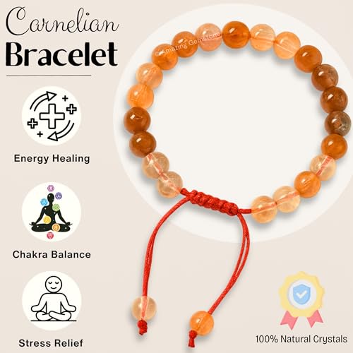 Amazing Gemstone Carnelian Bracelet for Women Men's Gifts - Protection Healing Crystal Bracelet - 8mm Gemstone Beaded Adjustable Bracelet - color: Carnelian