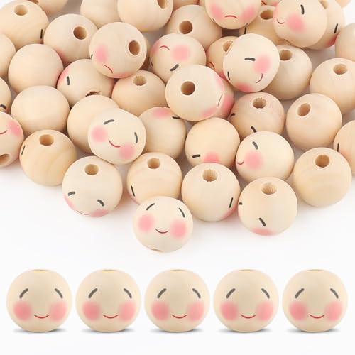 50PCS Wooden Beads for Crafts, 20mm Smile Wooden Beads with Holes, Natural Round Face Wood Bead for DIY Crafts, Jewelry Making, Angel Decorations(B) - color: Style 8