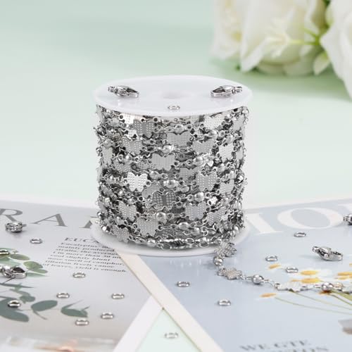 KYUNHOO Stainless Steel Beaded Chains Bulk on Roll 13 Feet Embossed Butterfly Necklace Bracelelt Jewelry Making Chain with Lobster Clasps Jump Rings - color: Butterfly Steel