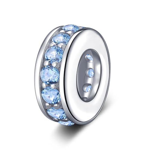 925 Sterling Silver Spacer Charm Bead with Clear CZ for Pandora Charms Bracelets - color: Light Blue