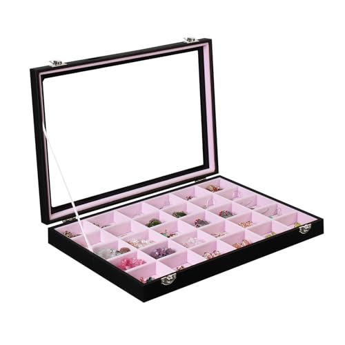 Stratalife Jewelry Organizer Earring Holder Jewelry Tray with Lid Earring Storage Drawer Organizer Earring Ring Storage for Women 30 Grid (Pink Black) - color: Pink-Black, size: 30 Grid