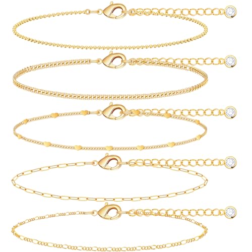Gold Bracelets Set for Women Stack, Chunky Thick Bracelets Stack for Women Trendy, Simple Dainty Thin Gold Plated Cuff Stackable Bracelets With Beaded Cuban Paperclip Snake Rope Bangle Hand Chain Jewelry - style: Style 02-gold