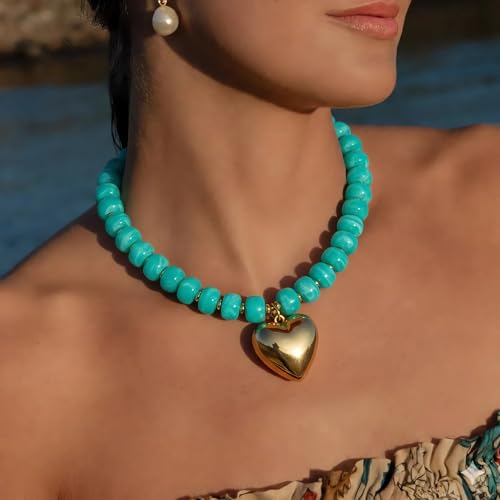 Gold Heart Pendant Necklaces for Women Colorful Acrylic Resin Beaded Choker Necklace Fashion Chunky Statement Beaded Heart Necklace - color: Lake-blue