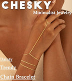 CHESKY 14K Gold Plated Hand Chain Bracelets for Women Set - Dainty Finger Ring Bracelet Stack Adjustable Hand Chains Durable Beaded Bracelets Trendy Simple Body Jewelry Gift for Women - style: 3Square bracelet-gold