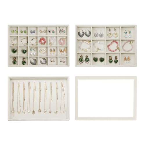 Wudygirl Set of 4 Stackable Jewelry Organizer Drawer Insert Velvet Jewelry Tray with Clear Lid Earring Organizer Bracelet Necklace Ring Holder for Women Girls(Set of 4,Beige) - color: Beige, size: 3 Pcs+Lid