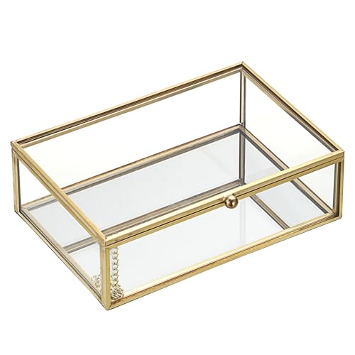 Hipiwe Glass Jewelry Display Box with Mirror Base Jewelry Organizer Golden Photo Storage Box Decorative Box for Ring Earring Keepsake Makeup Photo Treasure, 6.3 x 4.3 x 2 Inch - size: 6.3 X 4.3 X 2 Inch
