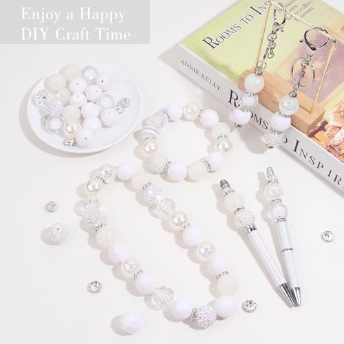 35 Pcs Chunky Bubblegum Beads 20mm Focal Pen Large Rhinestone Pearl Bead with Rhinestone Large Hole European Spacer Bead for DIY Beadable Pen Jewelry Making Keychain Craft Making(White) - color: White