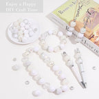 35 Pcs Chunky Bubblegum Beads 20mm Focal Pen Large Rhinestone Pearl Bead with Rhinestone Large Hole European Spacer Bead for DIY Beadable Pen Jewelry Making Keychain Craft Making(White) - color: White