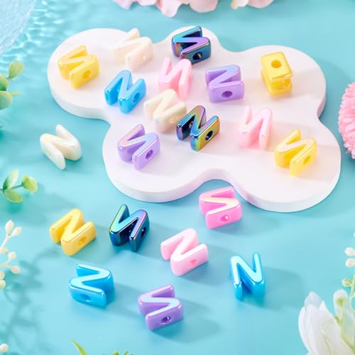 Beadthoven 20pcs Big Letter N Beads Large Hole Bubble Alphabet Acrylic Beads Charm Iridescent Plastic N Shape Loose Chunky Spacers for Jewelry Making Bracelet Necklace Keychains Shoelaces Crafts - color: N