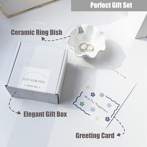 White Flower Jewelry Dish Tray, 3.85″ Lotus Ceramic Ring Holder, Cute Vanity Organizer Nightstand Bathroom Decor, Trinket Plate Dish Christmas Valentine's Mother's Day Birthday Gifts for Women (Plain) - style: Plain
