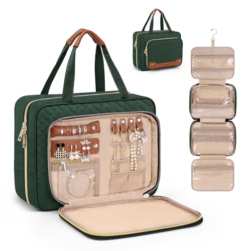 Wedama Toiletry Bag for Women, Hanging Travel Toiletry Bag with Jewelry Organizer Compartment Large Makeup Bag, PVC Waterproof Cosmetic Travel Bag Trips Camping Bathroom, Dark Green - color: Dark Green, size: Large, style: With Jewelry Organizer Compartme