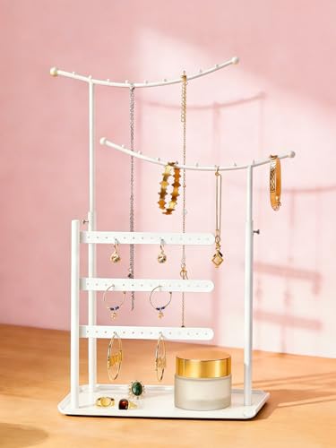 LAMU Jewelry Organizer, 5 Tier Jewelry Stand Display with Anti Entanglement Necklace Holder Tree, Height Adjustable Stroage for Earrings Rings Studs Bracelet, Valentines Day Gifts for Women, White - color: White