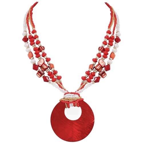 Coiris Shell Pendant Statement Strand Necklace for Women Boho Multi Beads Natural Stone Colorful Necklace Bohemian Handmade Chunky Shell Beaded Collar Jewelry for Women - color: Red