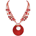 Coiris Shell Pendant Statement Strand Necklace for Women Boho Multi Beads Natural Stone Colorful Necklace Bohemian Handmade Chunky Shell Beaded Collar Jewelry for Women - color: Red