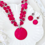 Layered Beads Statement Fashion Necklace Chunky Jewelry Set Big Colorful Glass Stone Circle Shell Pendant Choker Necklace and Earring Set for Women - color: fuchsia pink