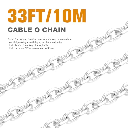 33 Feet Silver Rolo Cable Chains Roll, 2MM Silver Plated Brass Diamond-Cut Oval Rolo Cable Link Chains Spool Bulk for Jewelry Making DIY Craft - color: 2.0mm silver rolo cable chain