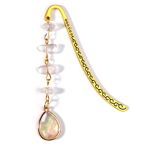 Vintage Metal Bookmark Pendant with Opal Drop Shell&White Quartz Crystal Stones Bead Chain–Elegant Opal Bookmarks for Women,Men,Book Lovers,Teachers and Girls(Gold) - style: Gold