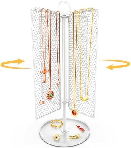 Rotating Necklace Holder with 40 Hooks, Earring Stand Mesh Grid Storage, 15-Inch Jewelry Display with Tray for Long Necklaces & 50+ Earrings for Women, White