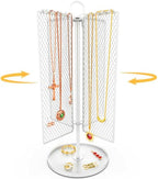 Rotating Necklace Holder with 40 Hooks, Earring Stand Mesh Grid Storage, 15-Inch Jewelry Display with Tray for Long Necklaces & 50+ Earrings for Women, White