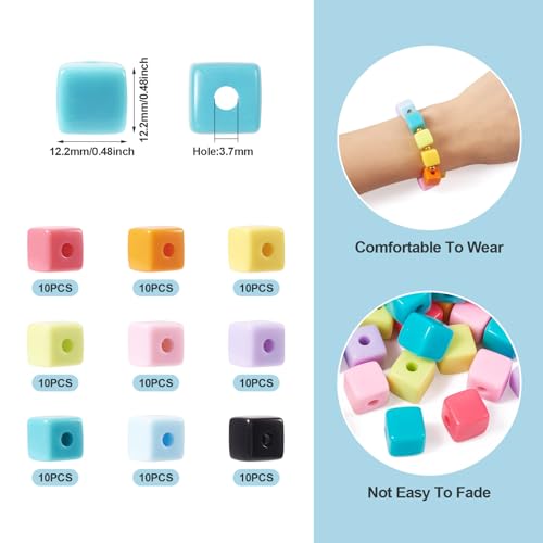 90Pcs 12mm Acrylic Cube Beads Plastic Square Candy Beads Colorful Loose Spacer Cube Bead for DIY Crafts Friendship Bracelet Earring Jewelry Making - color: Mixed Color-Cube