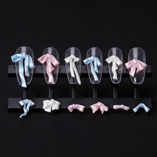 12 Grids Pink & Blue Mixed Ribbon Bow Nail Charms - Fresh Pastel Resin Bow Nail Decorations, Two-Tone Bow Nail Gems for Acrylic/Gel Nails DIY Manicure