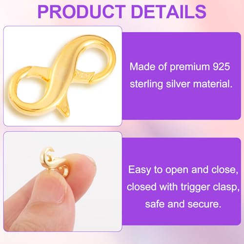 Pndeyo 925 Sterling Silver Lobster Claw Clasps, Double Opening Necklace Bracelet Extender, Jewelry Clasps and Closures for Necklace Bracelet Anklet Pendant Keychain DIY Craft Making- Gold - color: Gold-1pc-0.59"×0.31"