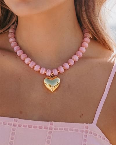 Gold Heart Pendant Necklaces for Women Colorful Acrylic Resin Beaded Choker Necklace Fashion Chunky Statement Beaded Heart Necklace - color: Pink
