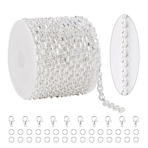 KYUNHOO 16.4 Feet Silver Jewelry Making Chains Bulk on Spool Oval Cable Chain Links for Women Men DIY Crafts with Jump Rings Lobster Clasps Supplies - color: Cable Silver
