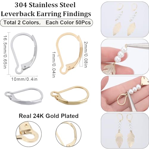 SUNNYCLUE 1 Box 100Pcs Real 24K Gold Plated Stainless Steel Earring Hooks Leverback Earring Findings French Ear Wires Earrings Clasps Lever Back Ear Hooks Leverbacks for Jewelry Making DIY Crafts - color: 100Pcs 24K Gold Plated & Stainless Steel