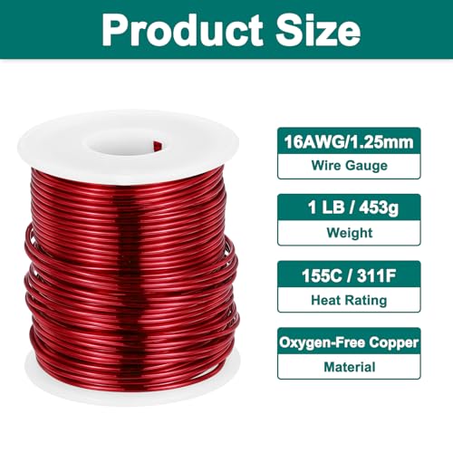 MECCANIXITY 16 AWG Magnet Wire, 16 Gauge Enameled Copper Wire, 1 Lb Magnetic Coil Wire for Transformer, Motor, Electric, 155C(311F) - size: 16 AWG