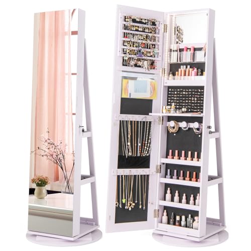 COSTWAY 360° Rotating Mirror Jewelry Armoire, Freestanding Jewelry Organizer w/ 3-Color LED Lights, Full-length Mirror with Jewelry Storage, Lockable Jewelry Cabinet for Bedroom, Cloakroom (Lavender) - color: Lavender