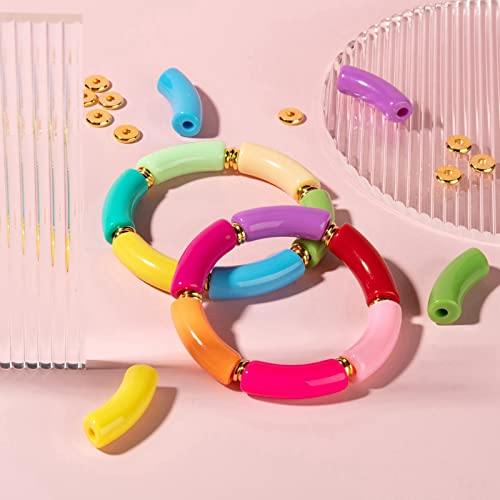 Spritewelry 42pcs Chunky Tube Beads for Bracelets Making Acrylic Curved Tube Bamboo Beads Noodle Spacer Beads Imitation Gemstone for Trendy DIY Bracelet Making Keychain Wristlet Tube Beads - color: Mixed Color-2