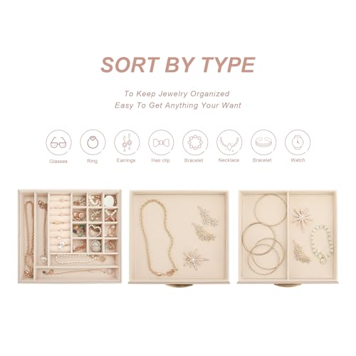 Jewelry Organizer Box, Jewelry Holder Organizer 3 Layers with 2 Drawers, Jewelry Boxes Display Earring Necklace Watch Bracelet and Rings - Glass Lid Apricot - color: A Glass Lid Apricot