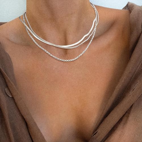 Freekiss Women's Layered Necklace Set - 3 Piece Dainty Gold Jewelry for Everyday Stacking | 14K Gold Plated Snake Chain, Rope Chain, Cuban Chain | Adjustable Length 14-18.5 Inch | Gift Ready - color: Silver, style: 3Snake+Rope+Cuban