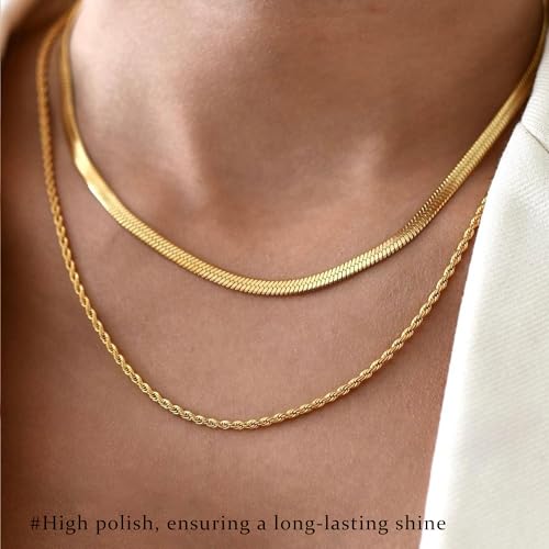 3PCS Gold Necklaces for Women,Chunky Statement Gold Plated Necklace Stack Layered Sterling Silver Herringbone Chains for Women Dainty Trendy Silver Chains Stacked Jewelry Gifts - color: gold chunky necklace set