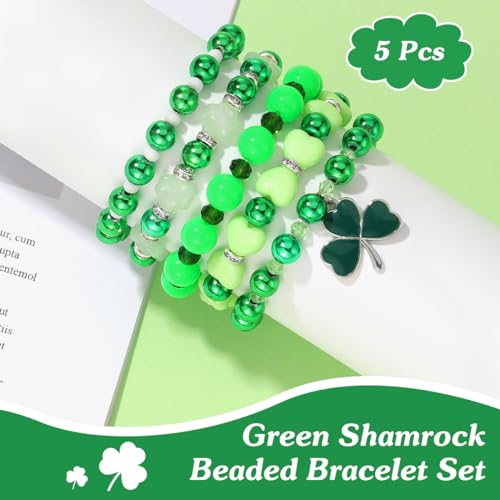 Emibele Colorful Stretch Bracelet Stack Boho Beaded Bracelet Set Heishi Surfer Bracelet Stackable Y2K Trendy Jewelry Friendship Multiple Set Women Fans - style: Green 5PCS