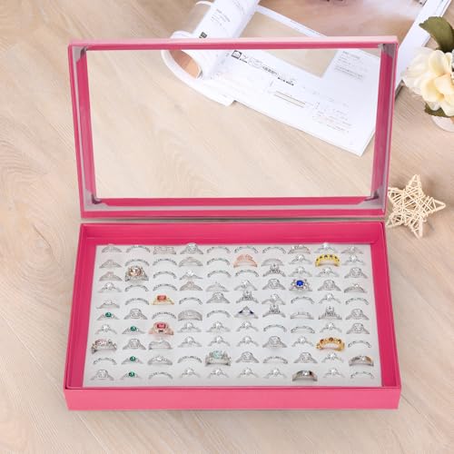KUKUVR 100 Slots Ring Earring Holder Display Case, Velvet Jewelry Ring Earring Storage Organizer Box Tray with Clear Lid for Women And Selling Show (Pink) - color: Pink