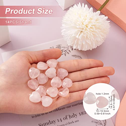 Fashewelry 14pcs Heart Natural Rose Quartz Stone Beads 15mm Faceted Tumbled Chakra Gemstone Pink Crystal Healing Beads for Valentines Day Earring Bracelet Necklace Jewelry Making - color: Rose Quartz, 14.5-15x15-15.5mm